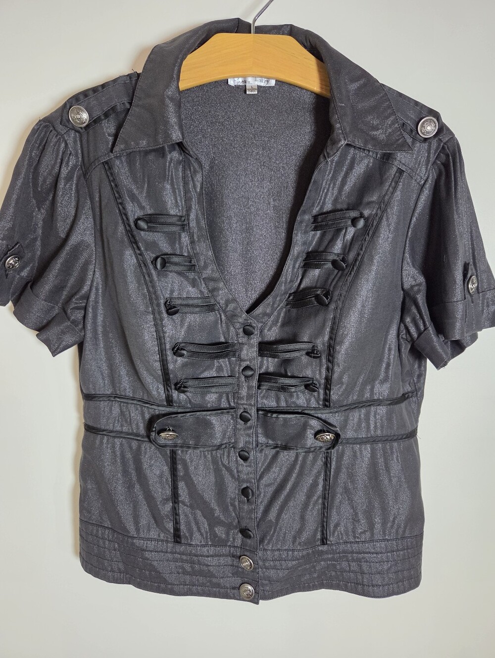 Black Napoleon Short Sleeve Button Up Shirt Braided Military Goth Steampunk Top